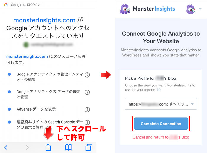 monsterinsightsの許可画面